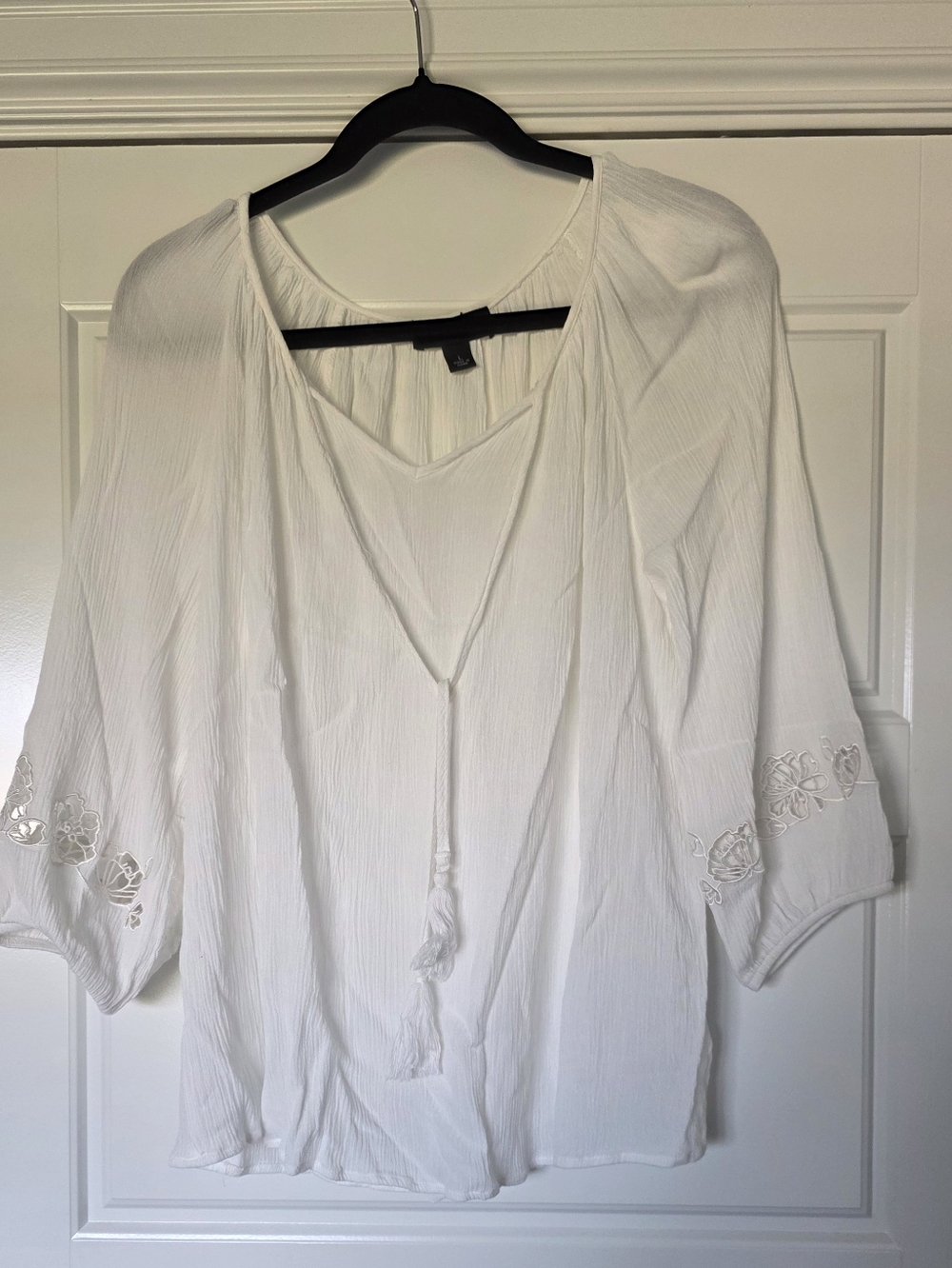 White Boho Tie-Front Peasant Blouse - Women Size Large